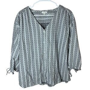 Garnet Hill Womens 14 Blue White Arrow Print Button Front Tie Sleeve Blouse